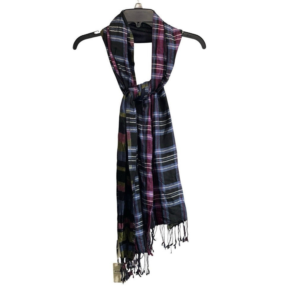 Vintage Y2K Fossil Plaid Scarf Rectangle Blue Purple Summer Fringe 70x19 NWT